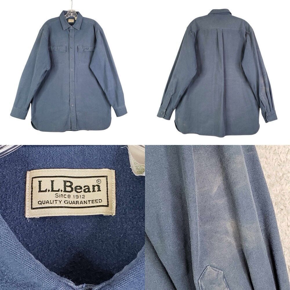 LL Bean Shirt Chamois Mens Blue Vintage LS Flannel Button Up Size LT Large Flaw